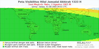 HilalMap: Peta Visibilitas Hilal Jumadal-Akhirah 1323 H: rukyat tanggal 1905-8-2 M