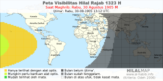 HilalMap: Peta Visibilitas Hilal Rajab 1323 H: rukyat tanggal 1905-8-30 M