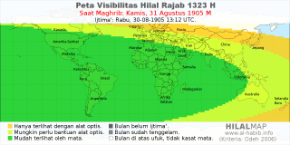HilalMap: Peta Visibilitas Hilal Rajab 1323 H: rukyat tanggal 1905-8-31 M