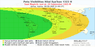 HilalMap: Peta Visibilitas Hilal Syaban 1323 H: rukyat tanggal 1905-9-29 M
