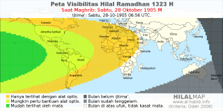 HilalMap: Peta Visibilitas Hilal Ramadhan 1323 H: rukyat tanggal 1905-10-28 M