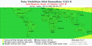 HilalMap: Peta Visibilitas Hilal Ramadhan 1323 H: rukyat tanggal 1905-10-29 M