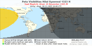HilalMap: Peta Visibilitas Hilal Syawwal 1323 H: rukyat tanggal 1905-11-26 M