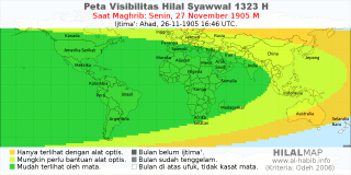 HilalMap: Peta Visibilitas Hilal Syawwal 1323 H: rukyat tanggal 1905-11-27 M