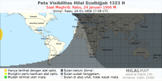 HilalMap: Peta Visibilitas Hilal Dzulhijjah 1323 H: rukyat tanggal 1906-1-24 M