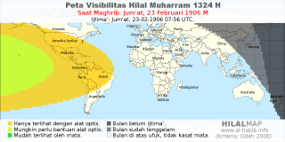 HilalMap: Peta Visibilitas Hilal Muharram 1324 H: rukyat tanggal 1906-2-23 M