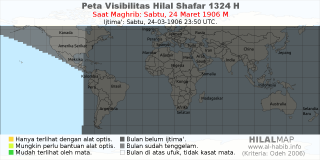 HilalMap: Peta Visibilitas Hilal Shafar 1324 H: rukyat tanggal 1906-3-24 M