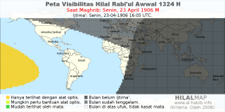 HilalMap: Peta Visibilitas Hilal Rabiul-Awwal 1324 H: rukyat tanggal 1906-4-23 M
