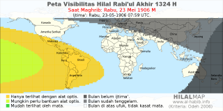 HilalMap: Peta Visibilitas Hilal Rabiul-Akhir 1324 H: rukyat tanggal 1906-5-23 M