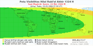 HilalMap: Peta Visibilitas Hilal Rabiul-Akhir 1324 H: rukyat tanggal 1906-5-24 M