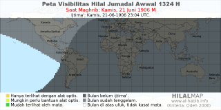 HilalMap: Peta Visibilitas Hilal Jumadal-Awwal 1324 H: rukyat tanggal 1906-6-21 M