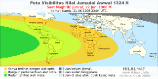 HilalMap: Peta Visibilitas Hilal Jumadal-Awwal 1324 H: rukyat tanggal 1906-6-22 M