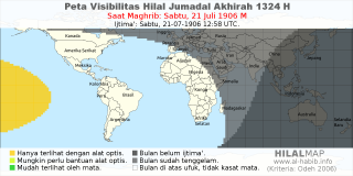 HilalMap: Peta Visibilitas Hilal Jumadal-Akhirah 1324 H: rukyat tanggal 1906-7-21 M