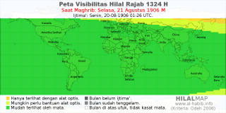 HilalMap: Peta Visibilitas Hilal Rajab 1324 H: rukyat tanggal 1906-8-21 M