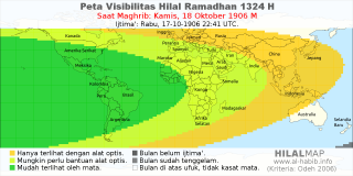 HilalMap: Peta Visibilitas Hilal Ramadhan 1324 H: rukyat tanggal 1906-10-18 M