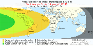 HilalMap: Peta Visibilitas Hilal Dzulhijjah 1324 H: rukyat tanggal 1907-1-14 M