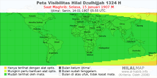 HilalMap: Peta Visibilitas Hilal Dzulhijjah 1324 H: rukyat tanggal 1907-1-15 M