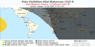HilalMap: Peta Visibilitas Hilal Muharram 1325 H: rukyat tanggal 1907-2-12 M