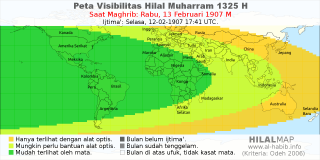 HilalMap: Peta Visibilitas Hilal Muharram 1325 H: rukyat tanggal 1907-2-13 M
