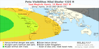 HilalMap: Peta Visibilitas Hilal Shafar 1325 H: rukyat tanggal 1907-3-14 M