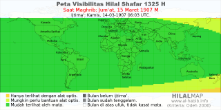 HilalMap: Peta Visibilitas Hilal Shafar 1325 H: rukyat tanggal 1907-3-15 M