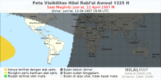 HilalMap: Peta Visibilitas Hilal Rabiul-Awwal 1325 H: rukyat tanggal 1907-4-12 M