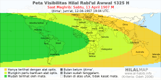 HilalMap: Peta Visibilitas Hilal Rabiul-Awwal 1325 H: rukyat tanggal 1907-4-13 M