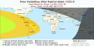 HilalMap: Peta Visibilitas Hilal Rabiul-Akhir 1325 H: rukyat tanggal 1907-5-12 M