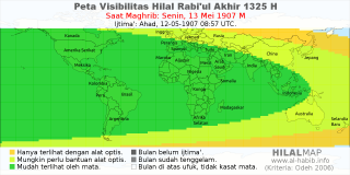 HilalMap: Peta Visibilitas Hilal Rabiul-Akhir 1325 H: rukyat tanggal 1907-5-13 M