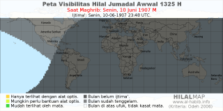 HilalMap: Peta Visibilitas Hilal Jumadal-Awwal 1325 H: rukyat tanggal 1907-6-10 M