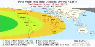 HilalMap: Peta Visibilitas Hilal Jumadal-Awwal 1325 H: rukyat tanggal 1907-6-11 M