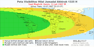 HilalMap: Peta Visibilitas Hilal Jumadal-Akhirah 1325 H: rukyat tanggal 1907-7-11 M