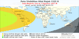 HilalMap: Peta Visibilitas Hilal Rajab 1325 H: rukyat tanggal 1907-8-9 M