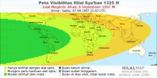 HilalMap: Peta Visibilitas Hilal Syaban 1325 H: rukyat tanggal 1907-9-8 M