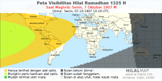 HilalMap: Peta Visibilitas Hilal Ramadhan 1325 H: rukyat tanggal 1907-10-7 M