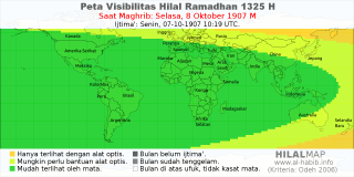 HilalMap: Peta Visibilitas Hilal Ramadhan 1325 H: rukyat tanggal 1907-10-8 M
