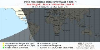 HilalMap: Peta Visibilitas Hilal Syawwal 1325 H: rukyat tanggal 1907-11-5 M