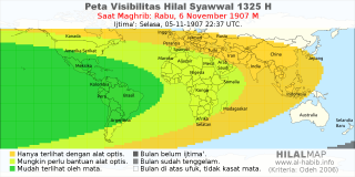 HilalMap: Peta Visibilitas Hilal Syawwal 1325 H: rukyat tanggal 1907-11-6 M