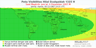HilalMap: Peta Visibilitas Hilal Dzulqaidah 1325 H: rukyat tanggal 1907-12-6 M