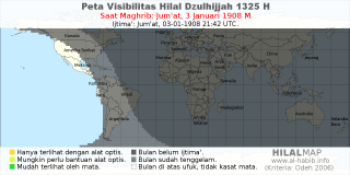 HilalMap: Peta Visibilitas Hilal Dzulhijjah 1325 H: rukyat tanggal 1908-1-3 M