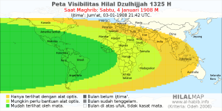 HilalMap: Peta Visibilitas Hilal Dzulhijjah 1325 H: rukyat tanggal 1908-1-4 M