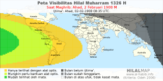HilalMap: Peta Visibilitas Hilal Muharram 1326 H: rukyat tanggal 1908-2-2 M