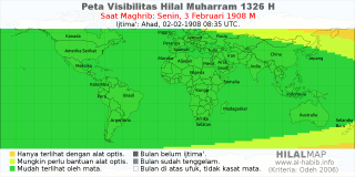 HilalMap: Peta Visibilitas Hilal Muharram 1326 H: rukyat tanggal 1908-2-3 M