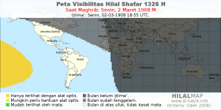 HilalMap: Peta Visibilitas Hilal Shafar 1326 H: rukyat tanggal 1908-3-2 M