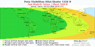 HilalMap: Peta Visibilitas Hilal Shafar 1326 H: rukyat tanggal 1908-3-3 M