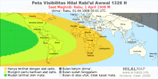 HilalMap: Peta Visibilitas Hilal Rabiul-Awwal 1326 H: rukyat tanggal 1908-4-1 M