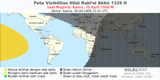 HilalMap: Peta Visibilitas Hilal Rabiul-Akhir 1326 H: rukyat tanggal 1908-4-30 M