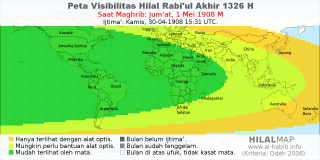 HilalMap: Peta Visibilitas Hilal Rabiul-Akhir 1326 H: rukyat tanggal 1908-5-1 M