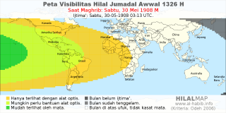 HilalMap: Peta Visibilitas Hilal Jumadal-Awwal 1326 H: rukyat tanggal 1908-5-30 M
