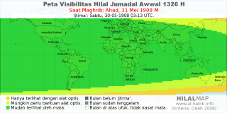 HilalMap: Peta Visibilitas Hilal Jumadal-Awwal 1326 H: rukyat tanggal 1908-5-31 M